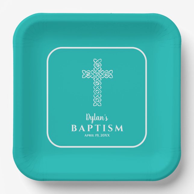 Turquoise Blue Cross Communion Baptism Christening Paper Plate (Front)