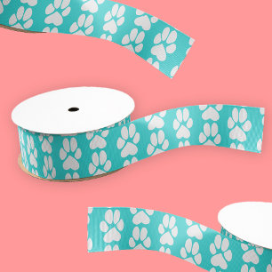 Turquoise blue cute paw print pattern grosgrain ribbon