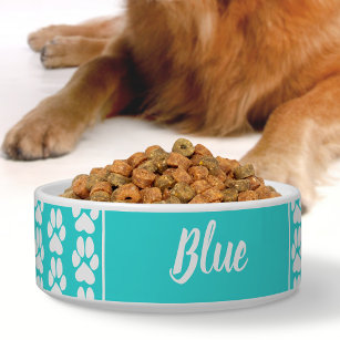 Turquoise blue cute paw print pattern Personalised Bowl