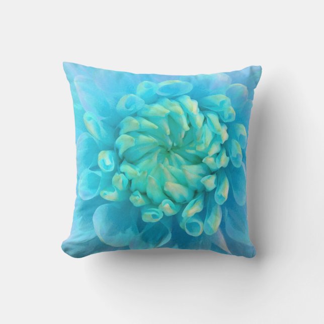 Turquoise Blue Dahlia Flower in Watercolor Cushion (Front)