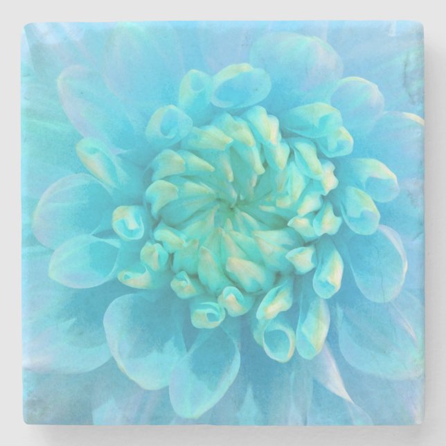 Turquoise Blue Dahlia Flower in Watercolor Stone Coaster (Front)