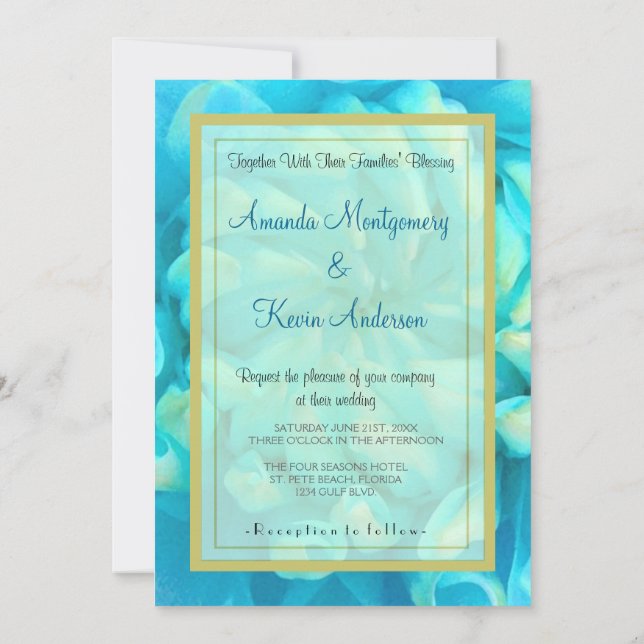 Turquoise Blue Dahlia Flower in Watercolor Wedding Invitation (Back)