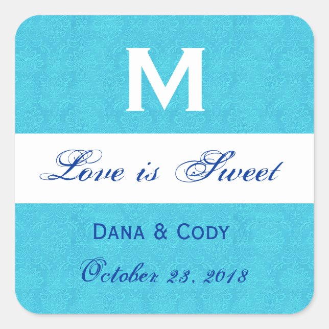 Turquoise Blue Damask Wedding Monogram Square Sticker (Front)
