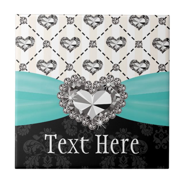 Turquoise Blue Diamond Heart Ceramic Tile Trivet (Front)