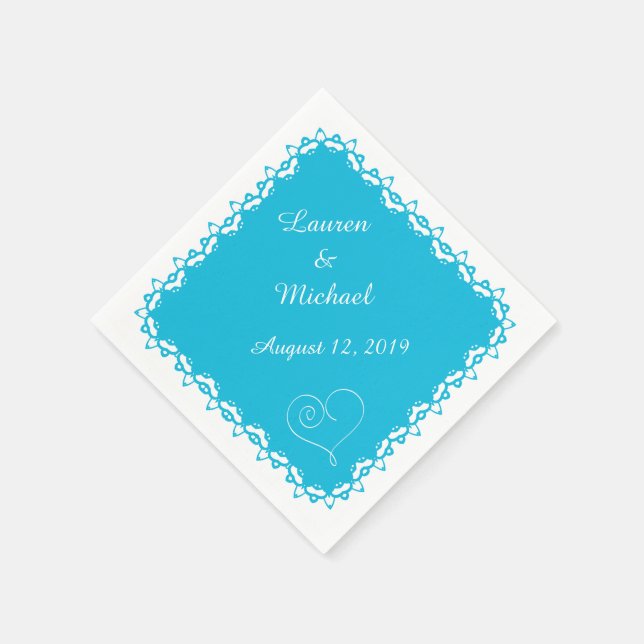 Turquoise Blue Doily Heart Personalised Napkin (Corner)