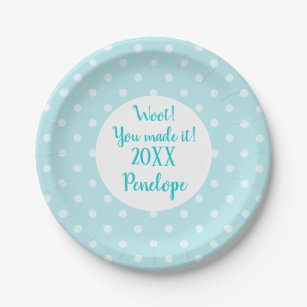 Turquoise Blue Dots Pattern Grad Name and Date Paper Plate