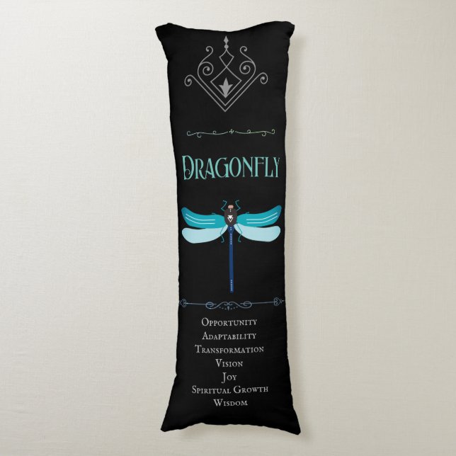 Turquoise Blue Dragonfly Spirit Animal Black Body Cushion (Front Vertical)