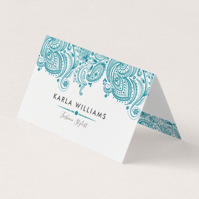 Turquoise-blue Elegant Paisley Lace Business Card (Front)