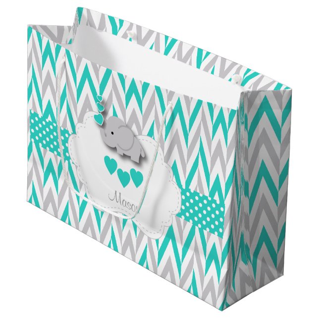 Turquoise Blue Elephant Design - Baby Boy Shower Large Gift Bag (Front Angled)