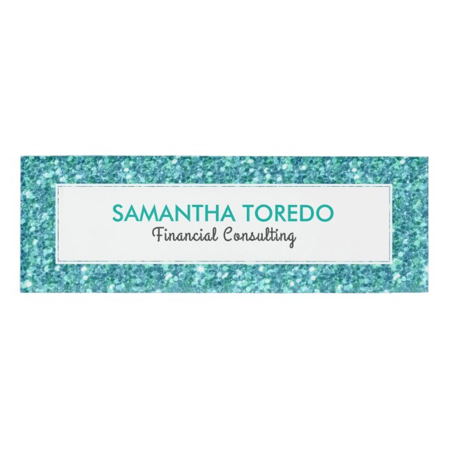 Turquoise-blue Faux Glitter Name Tag (Front)