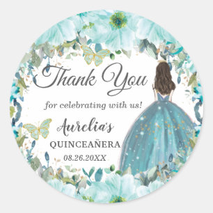 Turquoise Blue Floral Butterflies Princess Favour Classic Round Sticker