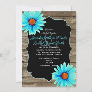 Turquoise Blue floral, chalkboard wood wedding Invitation