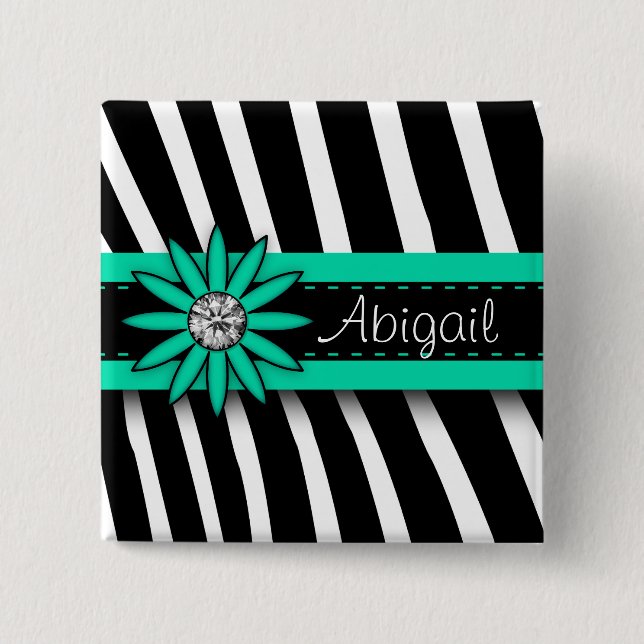 Turquoise Blue Floral Gem & Zebra Pattern 15 Cm Square Badge (Front)