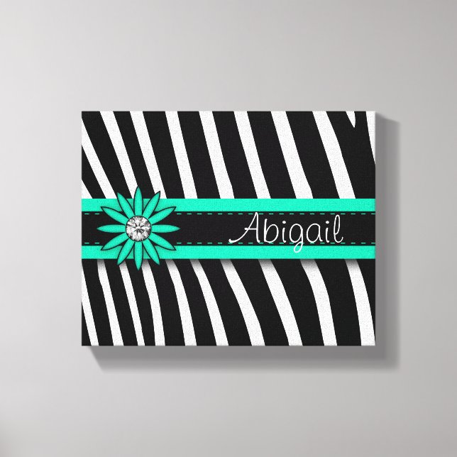 Turquoise Blue Floral Gem & Zebra Pattern Canvas Print (Front)
