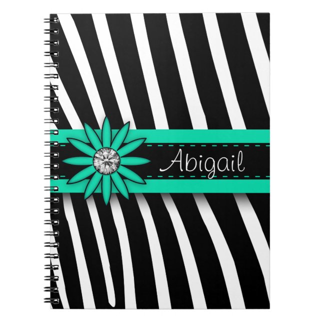 Turquoise Blue Floral Gem & Zebra Pattern Notebook (Front)