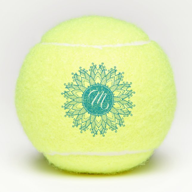 Turquoise-Blue Floral Mandala Monogrammed Tennis Balls (Front)