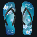 Turquoise Blue Floral Pattern Wedding Just Married Flip Flops<br><div class="desc">Featuring floral pattern on the turquoise blue background, and wedding words typography, these elegant flip flops are a pretty something blue idea for your wedding. They will add a stylish dose of glam to your wedding day, bachelorette party, or other celebration. ♥Customise it with your wording by using the template fields. ♥ If...</div>