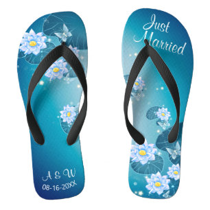 Turquoise Blue Floral Pattern Wedding Just Married Flip Flops