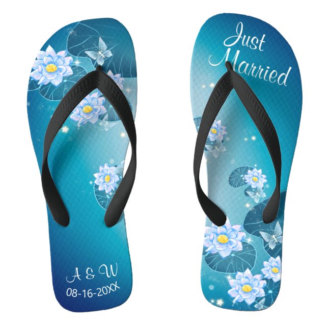 Turquoise Blue Floral Pattern Wedding Just Married Flip Flops (Footbed)