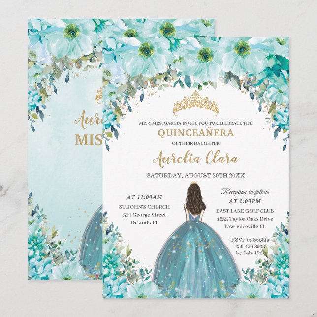 Turquoise Blue Floral Princess Crown Quinceañera Invitation (Front/Back)