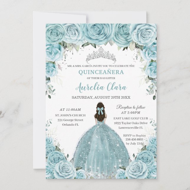 Turquoise Blue Floral Princess Silver Quinceañera Invitation (Front)