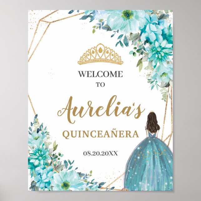 Turquoise Blue Floral Quinceañera Birthday Welcome Poster (Front)