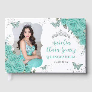 Turquoise Blue Floral Silver Quinceanera 16 Photo Guest Book