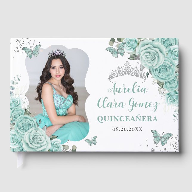 Turquoise Blue Floral Silver Quinceanera 16 Photo Guest Book (Front)