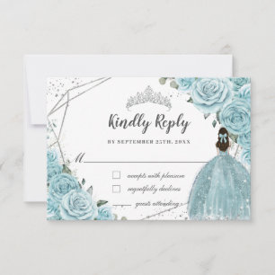 Turquoise Blue Floral Silver Quinceañera Princess RSVP Card