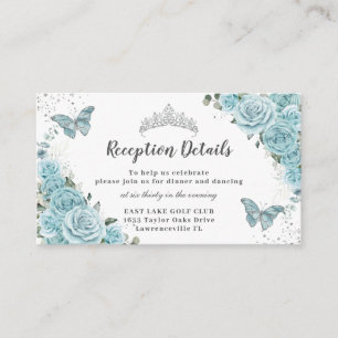 Turquoise Blue Floral Silver Quinceañera Reception Enclosure Card