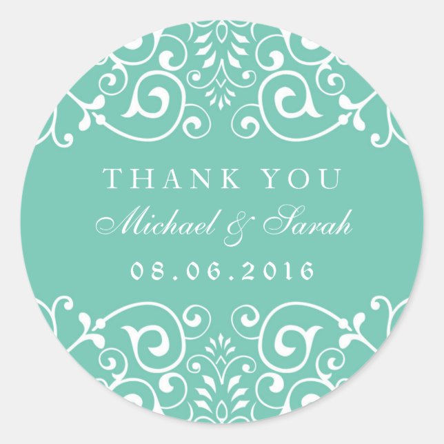 Turquoise Blue Floral Swirl Thank You Sticker (Front)
