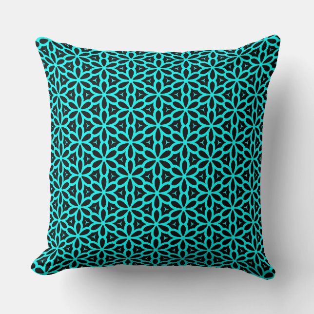 Turquoise Blue Flower Pattern Throw Pillow (Front)
