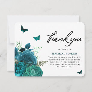 Turquoise Blue Flowers and Butterflies Funeral Thank You Card