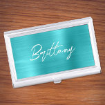Turquoise Blue Foil Modern Brush Script First Name Business Card Holder<br><div class="desc">A first name business card case holder for her. The script is a lovely, brush stroke modern handwritten script that is a perfect gift for your friend. The very decorative brush stroke style will often need to be centered if your given name needs a different placement than this popular millennial...</div>
