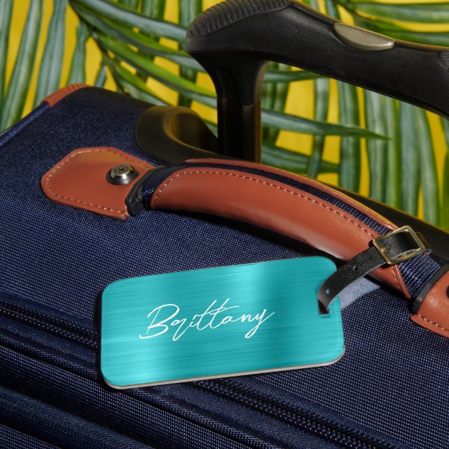 Turquoise Blue Foil Modern Brush Script First Name Luggage Tag (Front Insitu 3)