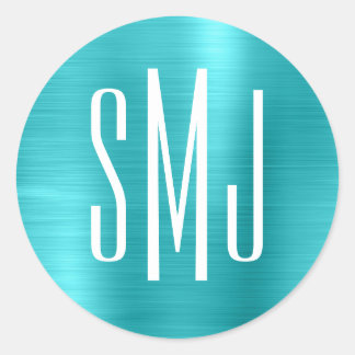 Turquoise Blue Foil Three Letter Monogram Classic Round Sticker