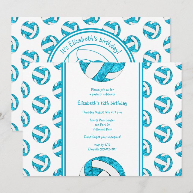 turquoise blue girls volleyball birthday party invitation (Front/Back)