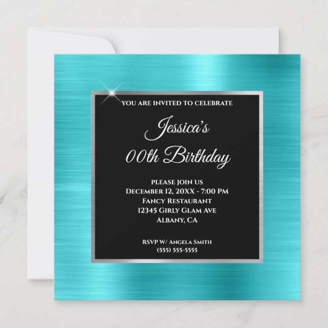 Turquoise Blue Glam Silver Black Frame Birthday Invitation (Front)