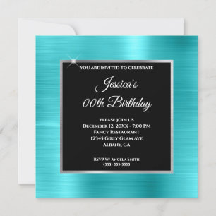 Turquoise Blue Glam Silver Black Frame Birthday Invitation