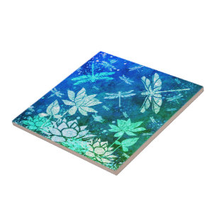 Turquoise Blue Glitter Dragonflies and Flowers Tile