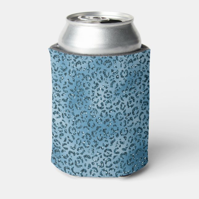 Turquoise Blue Glitter Leopard Print         Can Cooler (Can Back)