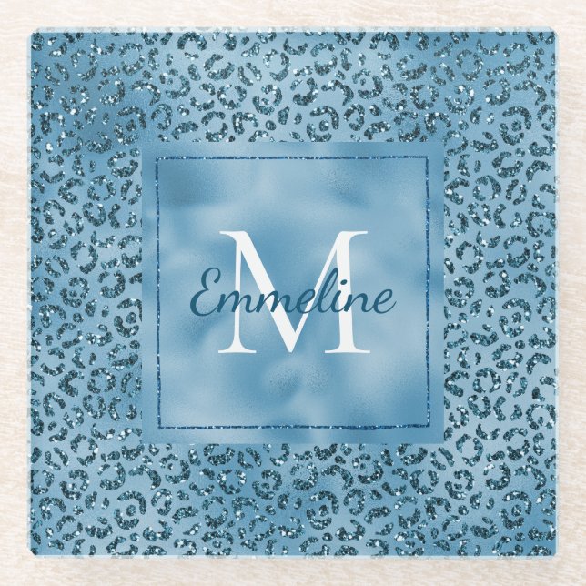 Turquoise Blue Glitter Leopard Print Monogram     Glass Coaster (Front)