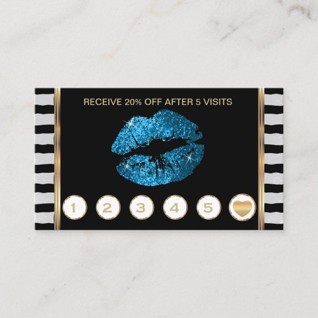 Turquoise Blue Glitter Lips Loyalty with Stripes Card (Front)