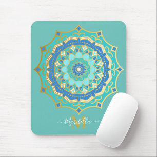 Turquoise Blue Gold Boho Mandala Mouse Pad