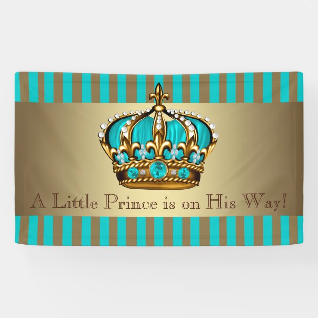 Turquoise Blue Gold Crown Prince Baby Shower Banner (Horizontal)