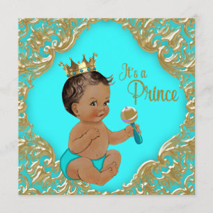 Turquoise Blue Gold Ethnic Prince Baby Shower Invitation