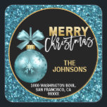 Turquoise Blue Gold Glitter Christmas Address Square Sticker<br><div class="desc">Custom modern Merry Christmas return address stickers in turquoise blue and gold and black colours.  Light blue ornament.   Personalise them by adding your name and address.  Perfect for greeting cards,  envelopes,  gifts... .</div>