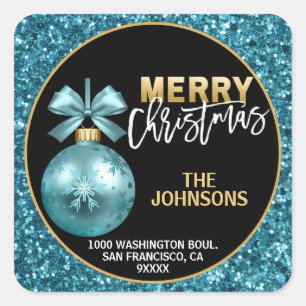 Turquoise Blue Gold Glitter Christmas Address Square Sticker