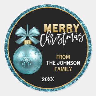 Turquoise Blue Gold Glitter Merry Christmas Classic Round Sticker