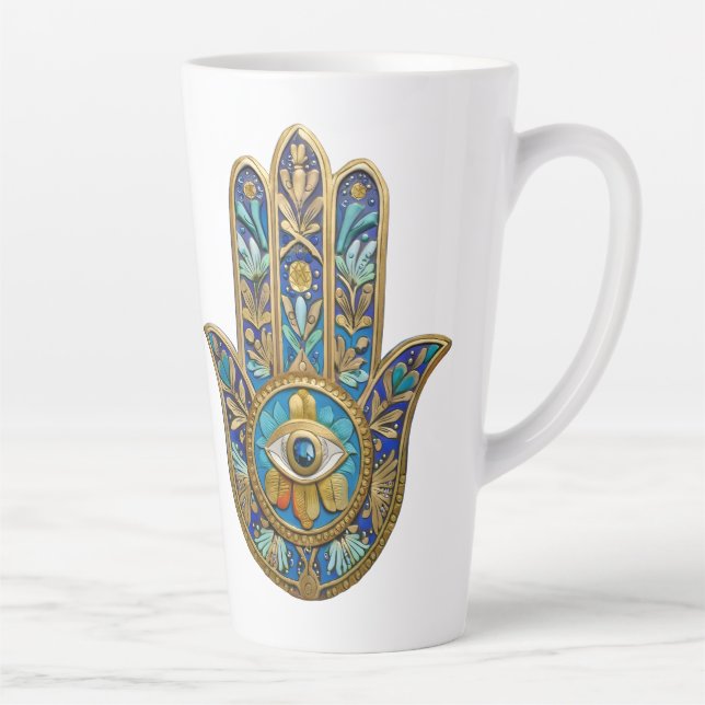 Turquoise Blue Gold Hamsa Sapphire Third Eye  Latte Mug (Right)